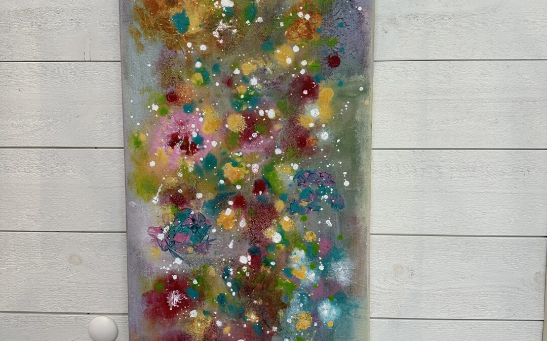 Blomsterexplosion 80×30 akryl/ink  2500:-